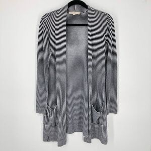 Loft Cardigan Womens Medium Navy Striped Longline Open Front Pockets